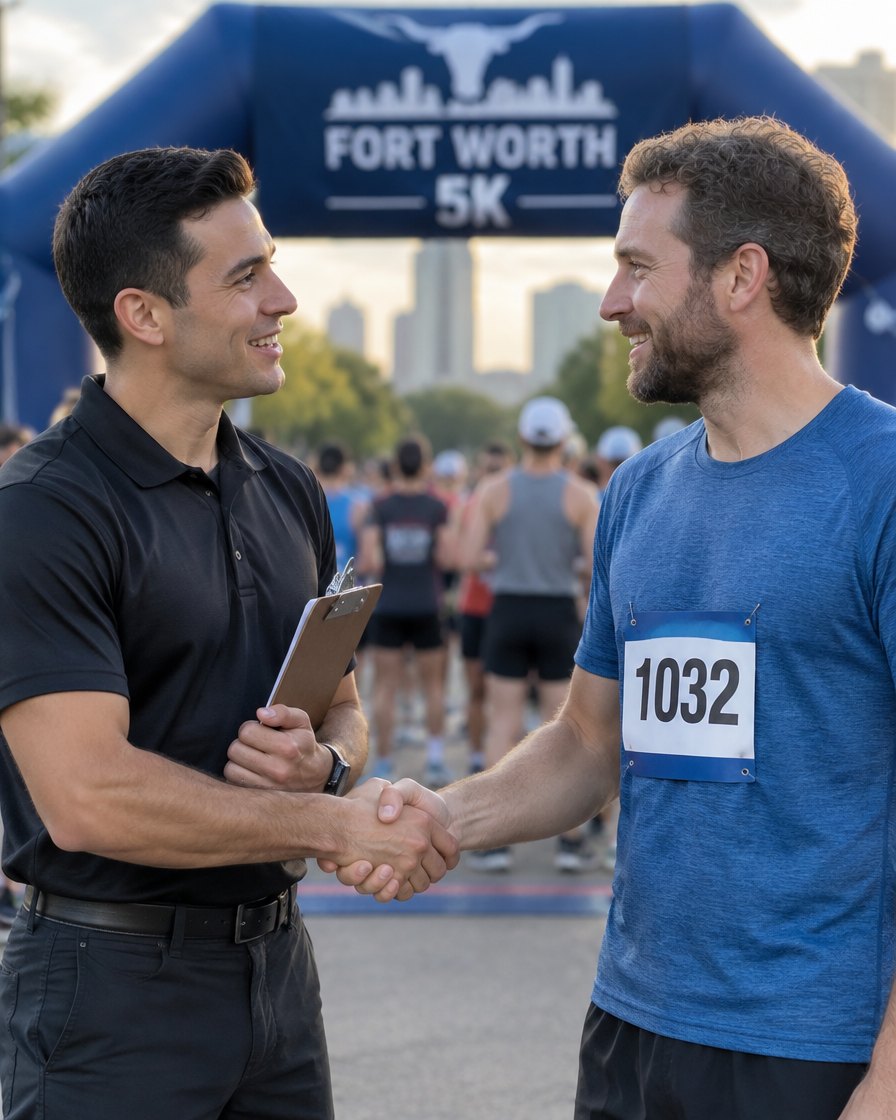A race official greeting a runner