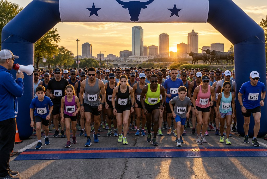 Runners gathered under the start arch at sunrise