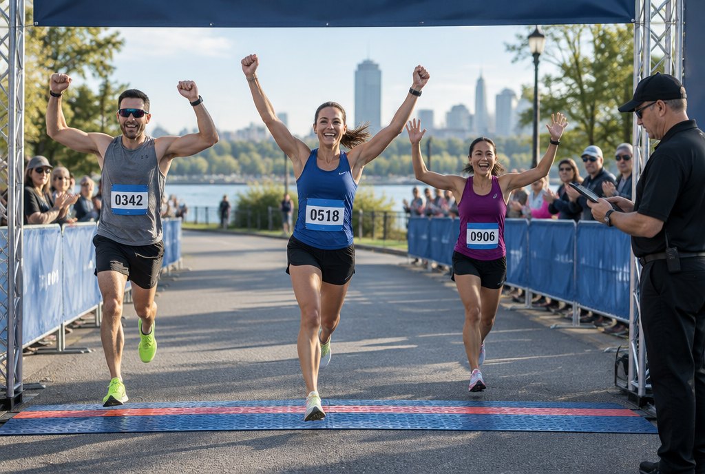 Finishers crossing the line with their arms raised