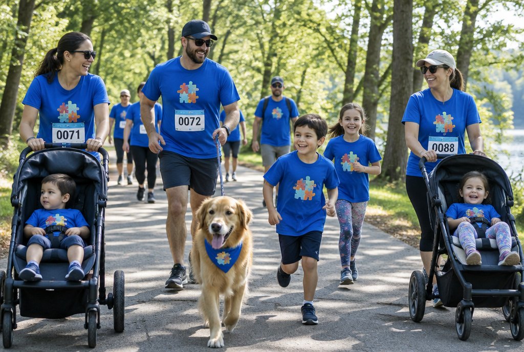 Families, strollers and walkers on a park course