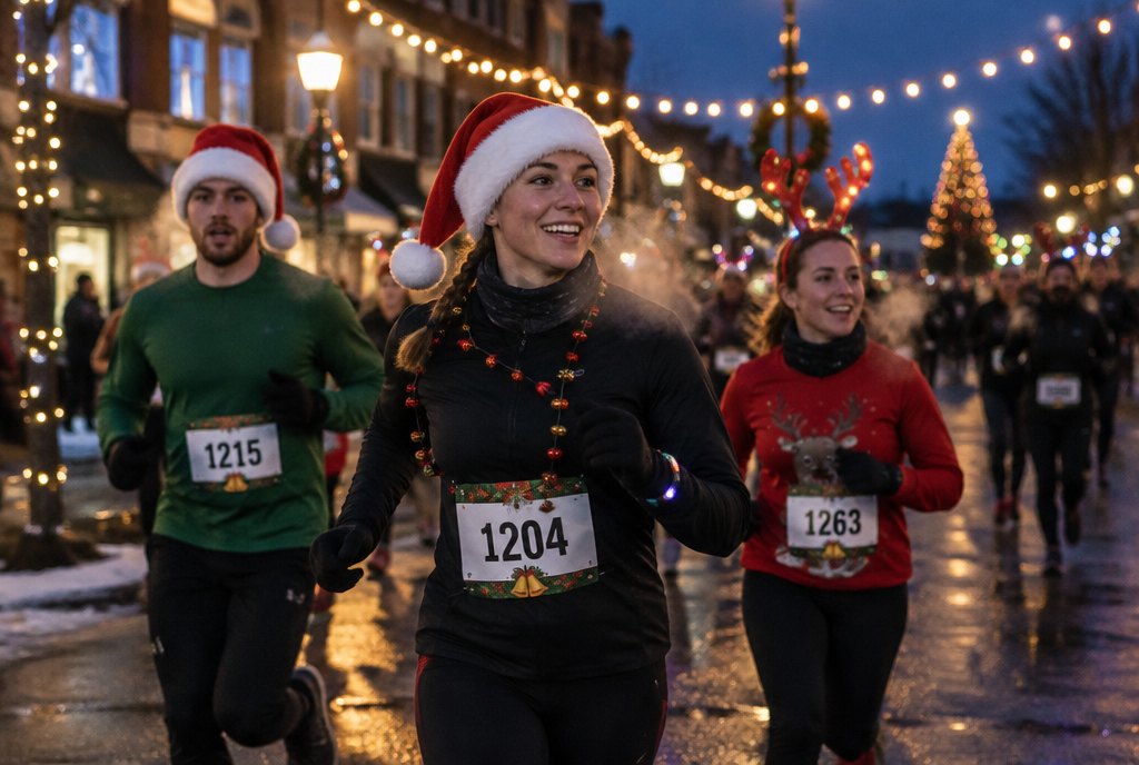 Runners in Santa hats under holiday lights