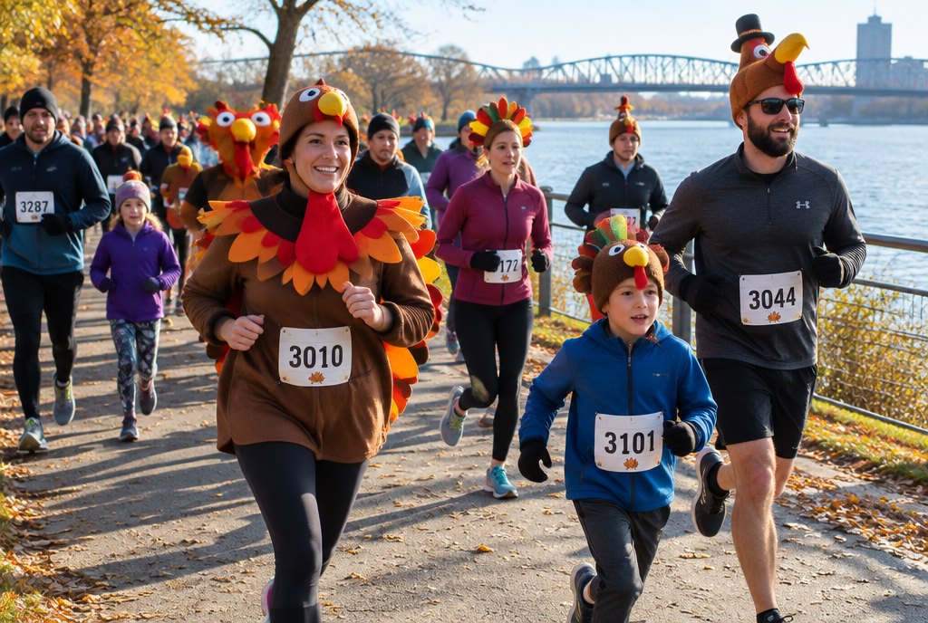 Runners in turkey costumes on a Thanksgiving morning course