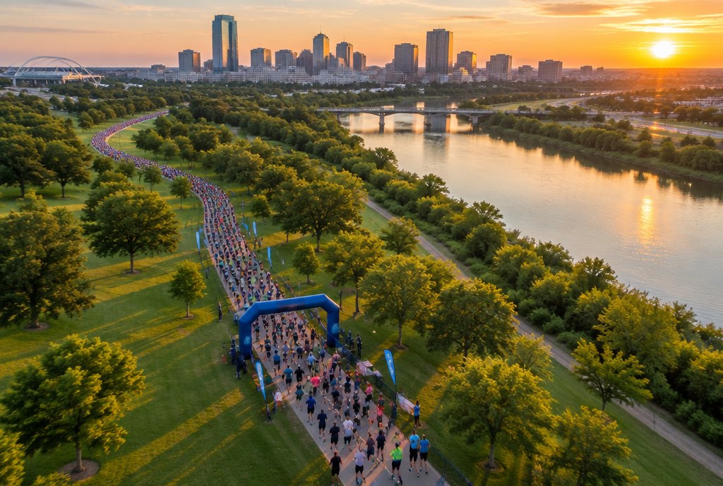 A 5K course along the river at dawn, seen from above